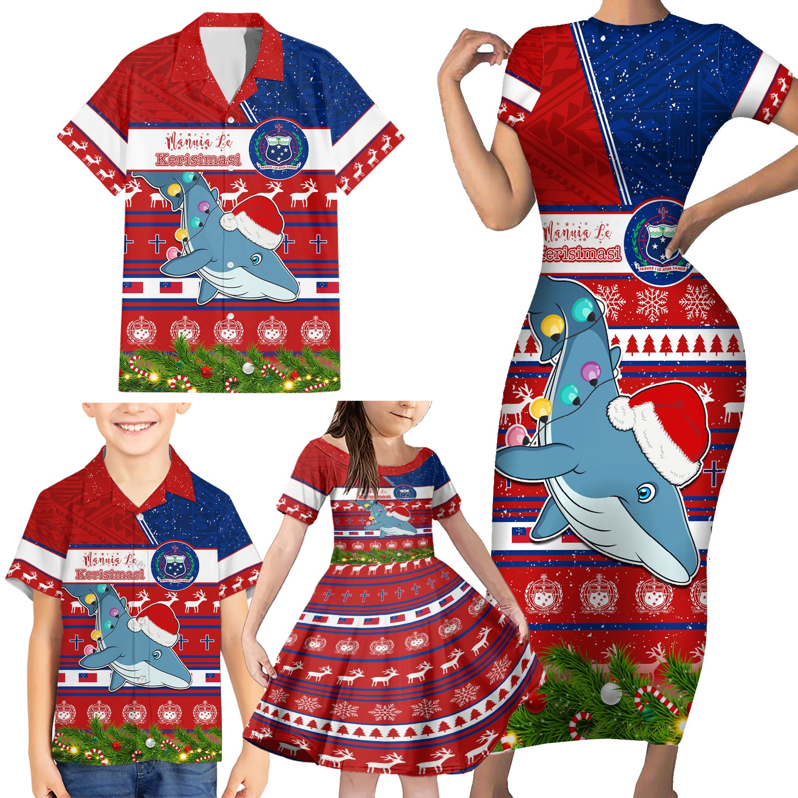 Personalized Samoa Christmas Family Matching Short Sleeve Bodycon Dress and Hawaiian Shirt Santas Whale Manuia Le Kerisimasi LT05 - Polynesian Pride