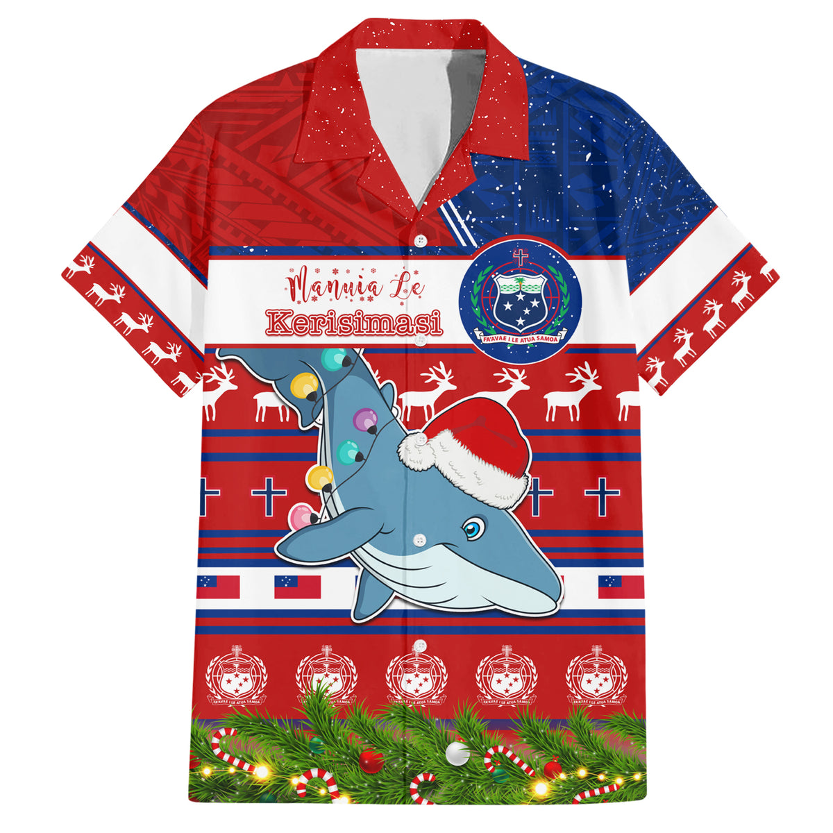 Personalized Samoa Christmas Family Matching Short Sleeve Bodycon Dress and Hawaiian Shirt Santas Whale Manuia Le Kerisimasi LT05 Dad's Shirt - Short Sleeve Red - Polynesian Pride