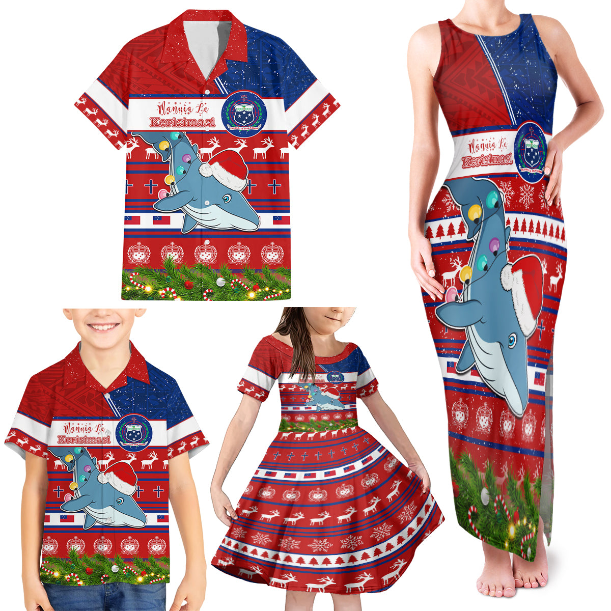 Personalized Samoa Christmas Family Matching Tank Maxi Dress and Hawaiian Shirt Santas Whale Manuia Le Kerisimasi LT05 - Polynesian Pride