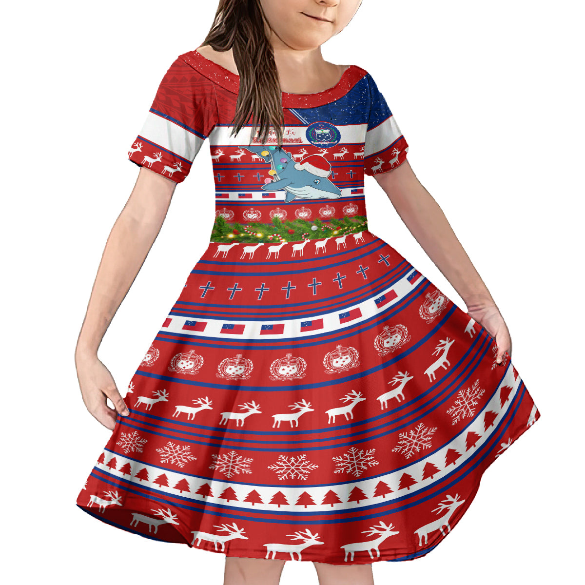 Personalized Samoa Christmas Kid Short Sleeve Dress Santas Whale Manuia Le Kerisimasi LT05 KID Red - Polynesian Pride