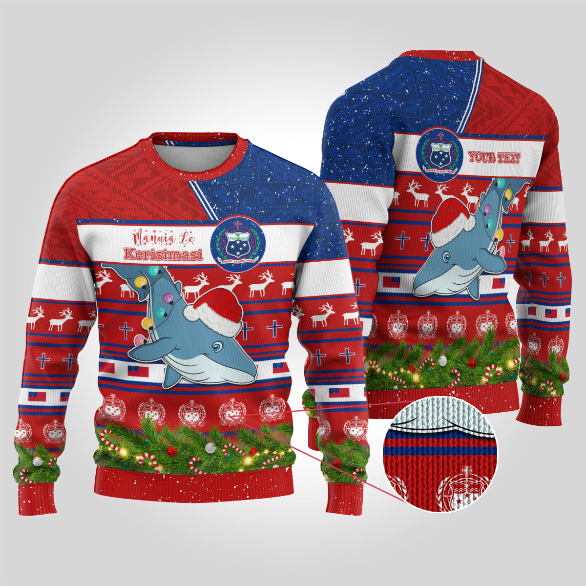 Personalised Samoa Christmas Ugly Christmas Sweater Santas Whale Manuia Le Kerisimasi LT05 Red - Polynesian Pride
