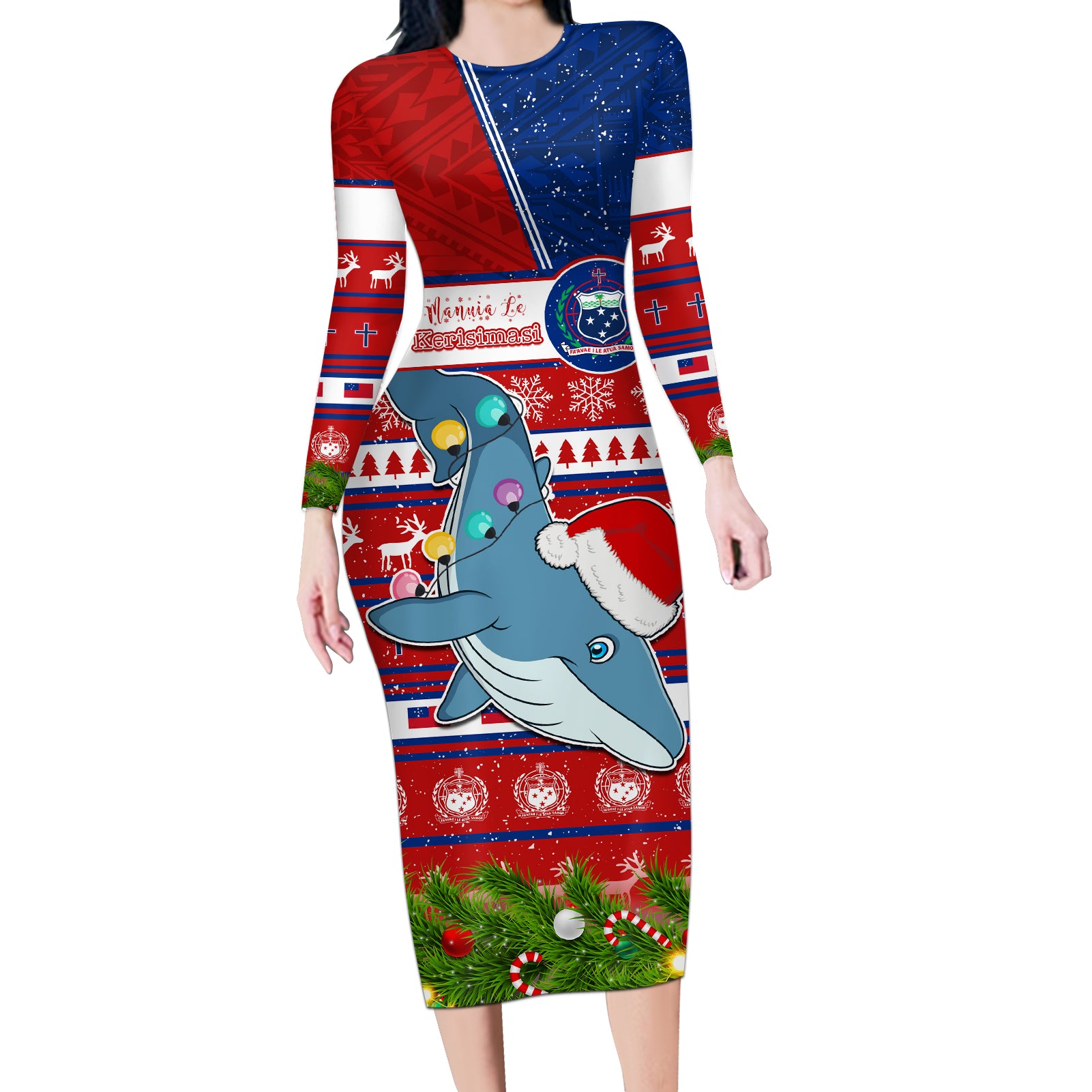 Personalized Samoa Christmas Long Sleeve Bodycon Dress Santas Whale Manuia Le Kerisimasi LT05 Long Dress Red - Polynesian Pride