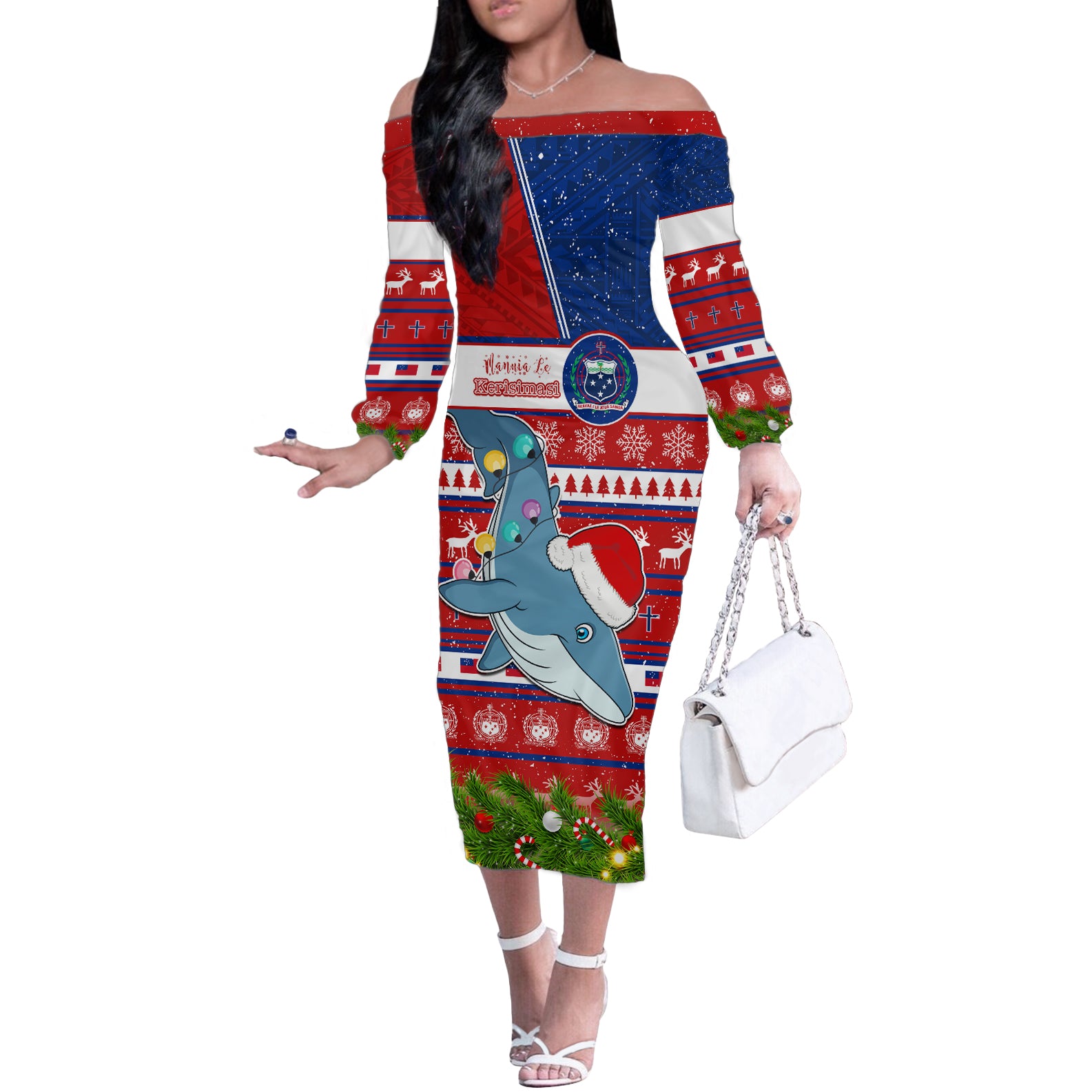 Personalized Samoa Christmas Off The Shoulder Long Sleeve Dress Santas Whale Manuia Le Kerisimasi LT05 Women Red - Polynesian Pride