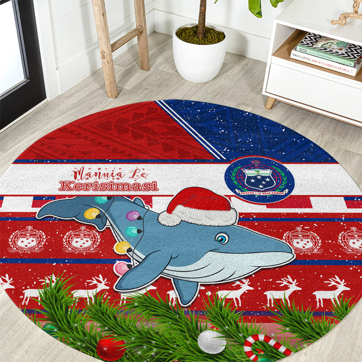 Samoa Christmas Round Carpet Santas Whale Manuia Le Kerisimasi LT05 Red - Polynesian Pride