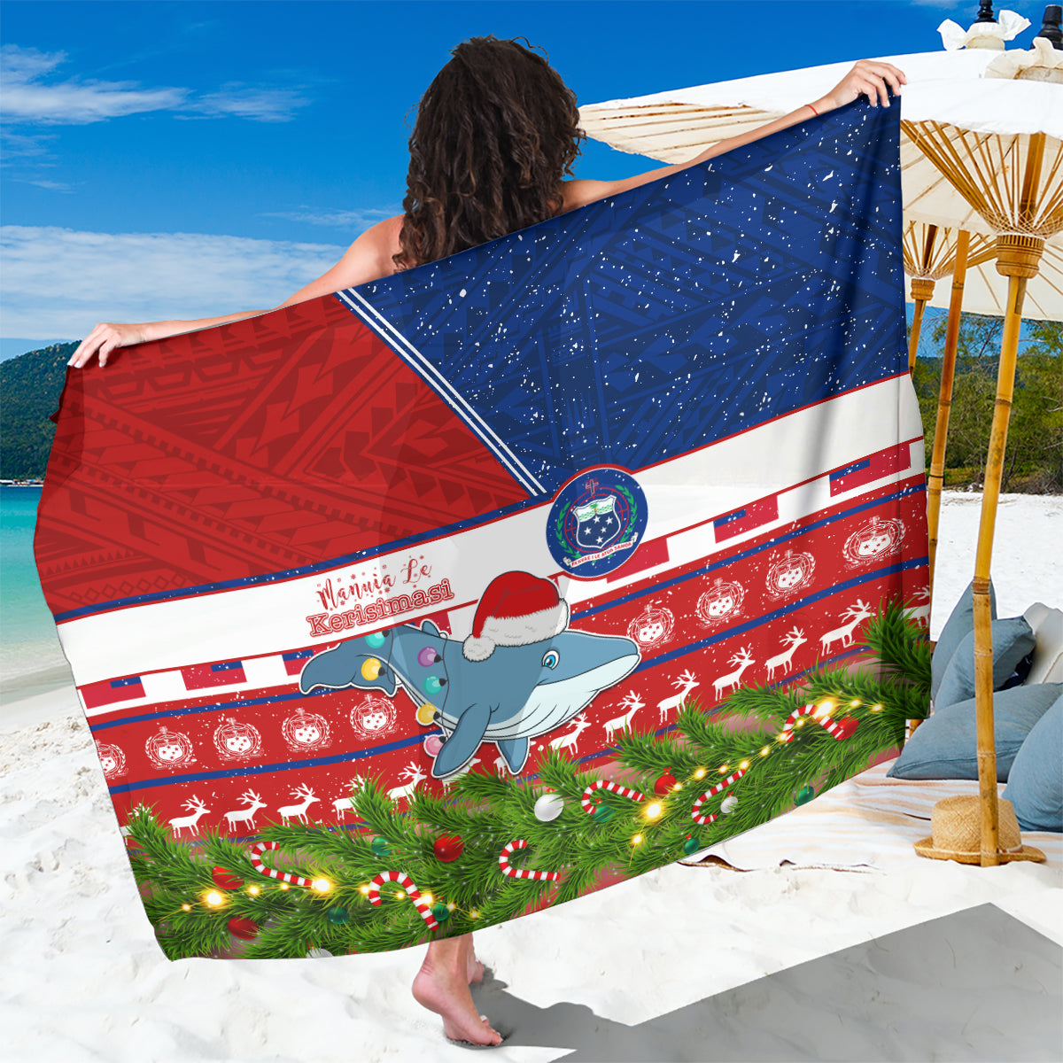 Samoa Christmas Sarong Santas Whale Manuia Le Kerisimasi LT05 One Size 44 x 66 inches Red - Polynesian Pride