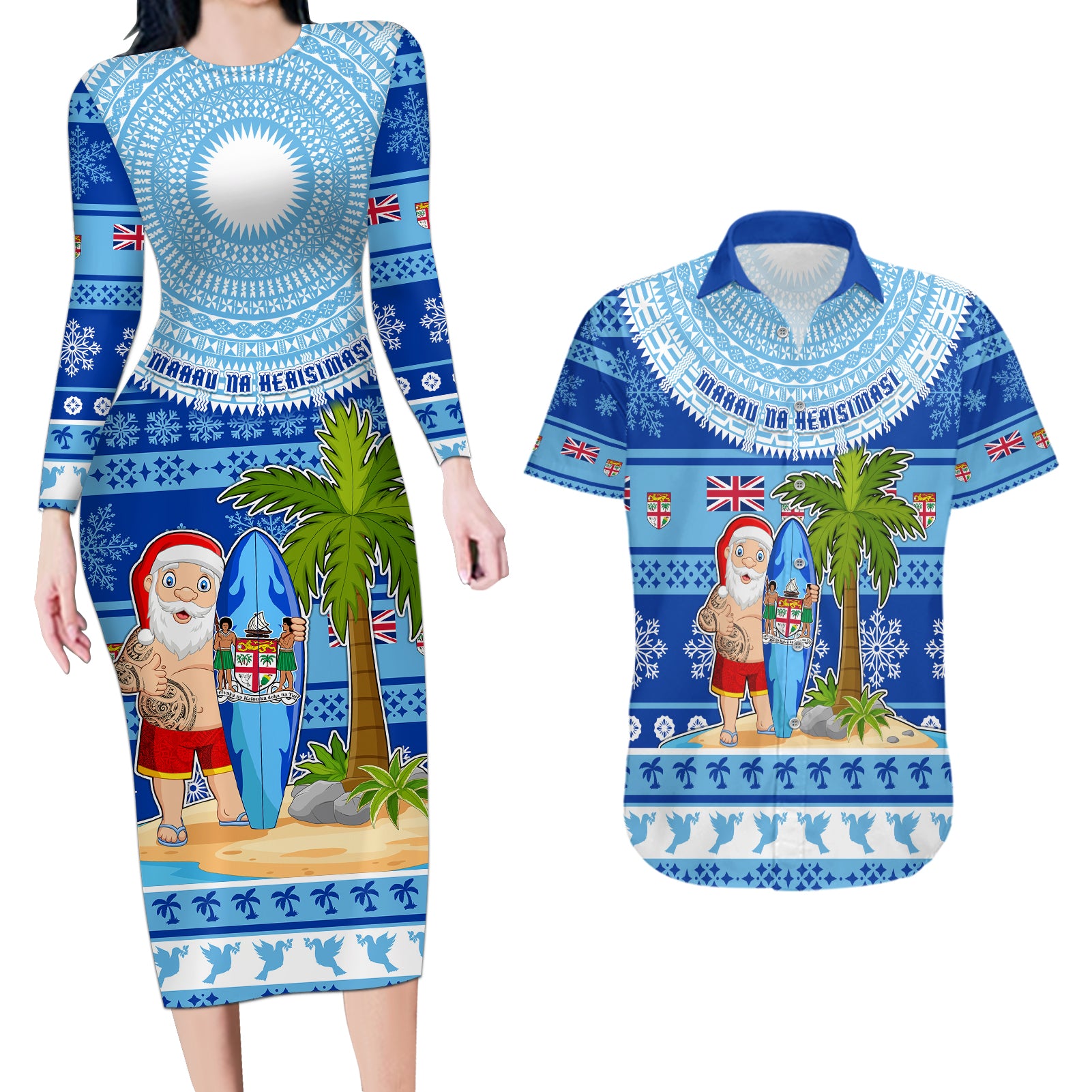 Personalized Fiji Christmas Couples Matching Long Sleeve Bodycon Dress and Hawaiian Shirt Santa Claus Surf Marau Na Kerisimasi LT05 Blue - Polynesian Pride