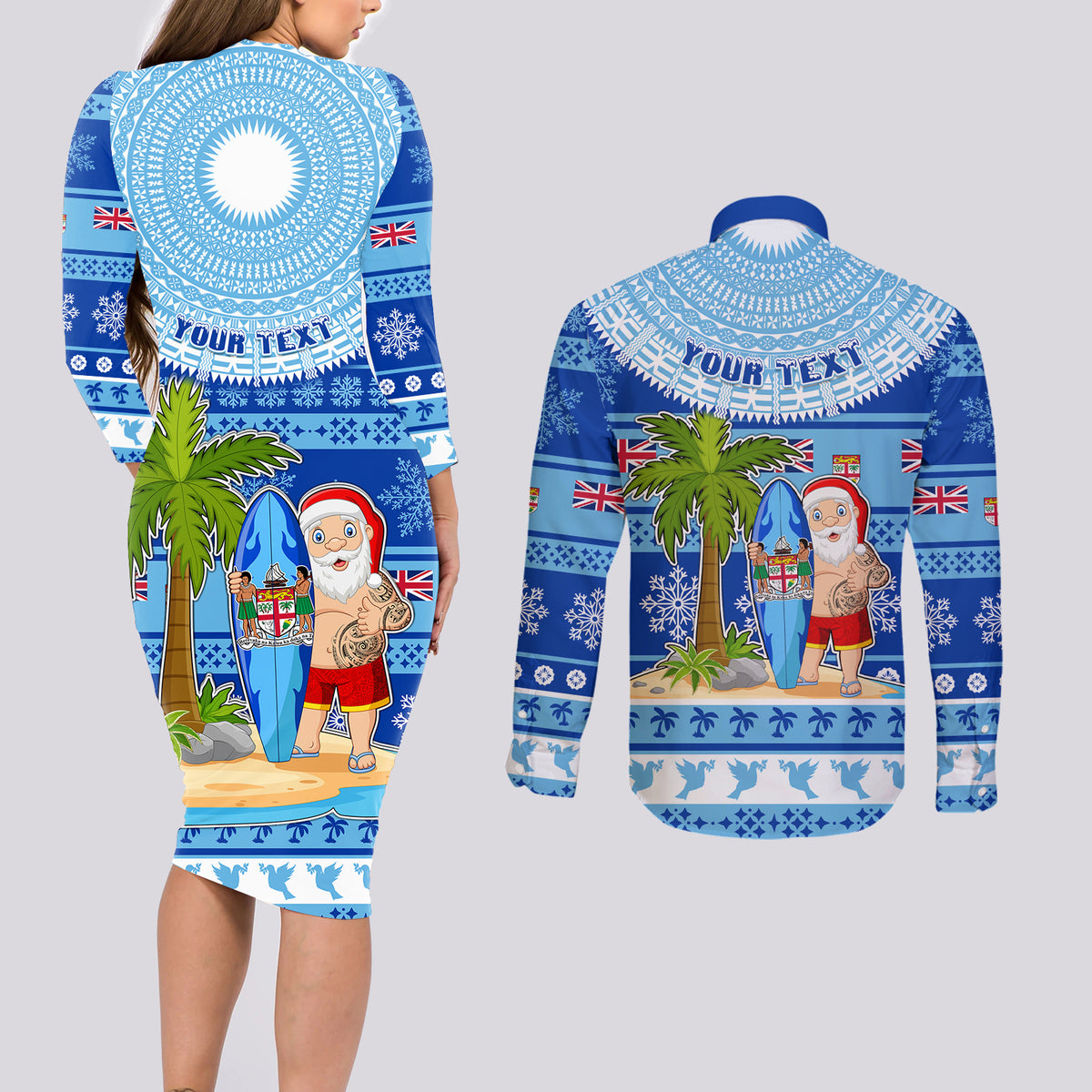 Personalized Fiji Christmas Couples Matching Long Sleeve Bodycon Dress and Long Sleeve Button Shirts Santa Claus Surf Marau Na Kerisimasi LT05 - Polynesian Pride