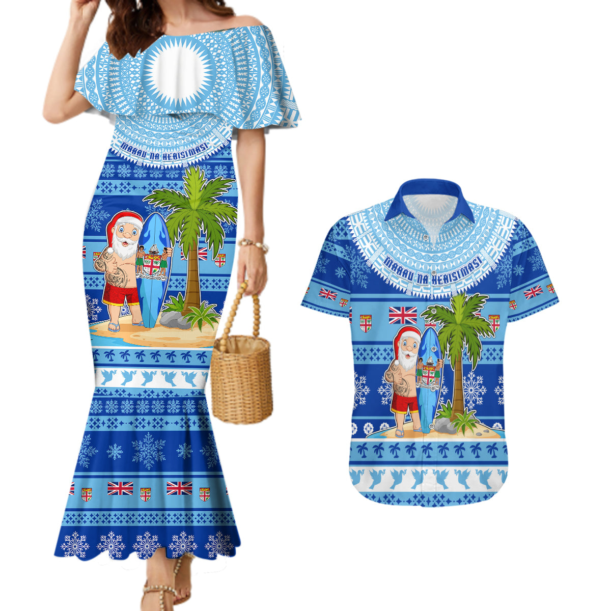 Personalized Fiji Christmas Couples Matching Mermaid Dress and Hawaiian Shirt Santa Claus Surf Marau Na Kerisimasi LT05 Blue - Polynesian Pride