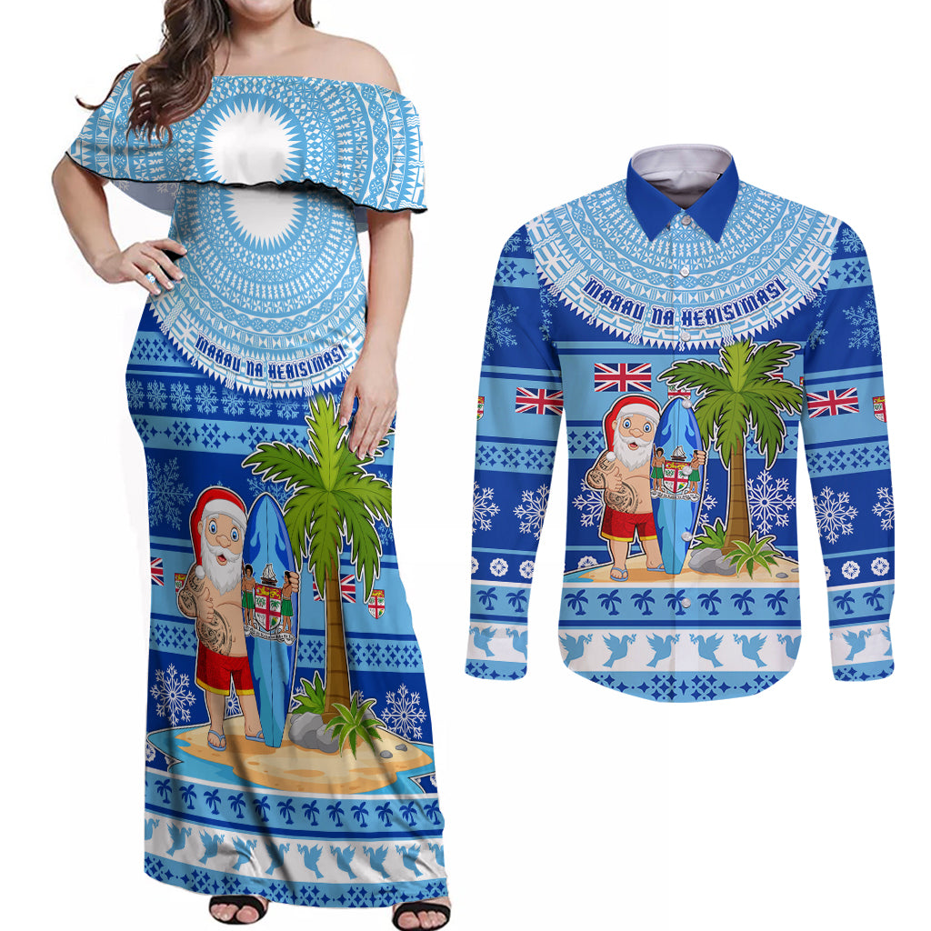 Personalized Fiji Christmas Couples Matching Off Shoulder Maxi Dress and Long Sleeve Button Shirts Santa Claus Surf Marau Na Kerisimasi LT05 Blue - Polynesian Pride