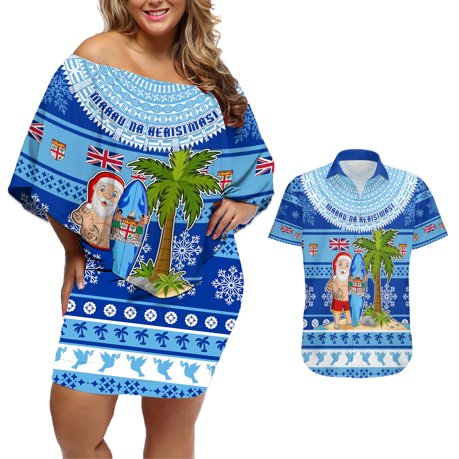 Personalized Fiji Christmas Couples Matching Off Shoulder Short Dress and Hawaiian Shirt Santa Claus Surf Marau Na Kerisimasi LT05 Blue - Polynesian Pride