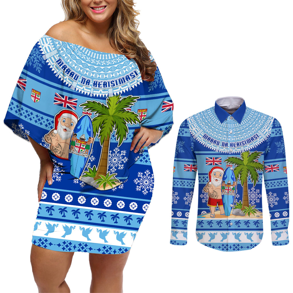 Personalized Fiji Christmas Couples Matching Off Shoulder Short Dress and Long Sleeve Button Shirts Santa Claus Surf Marau Na Kerisimasi LT05 Blue - Polynesian Pride