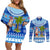 Personalized Fiji Christmas Couples Matching Off Shoulder Short Dress and Long Sleeve Button Shirts Santa Claus Surf Marau Na Kerisimasi LT05 Blue - Polynesian Pride