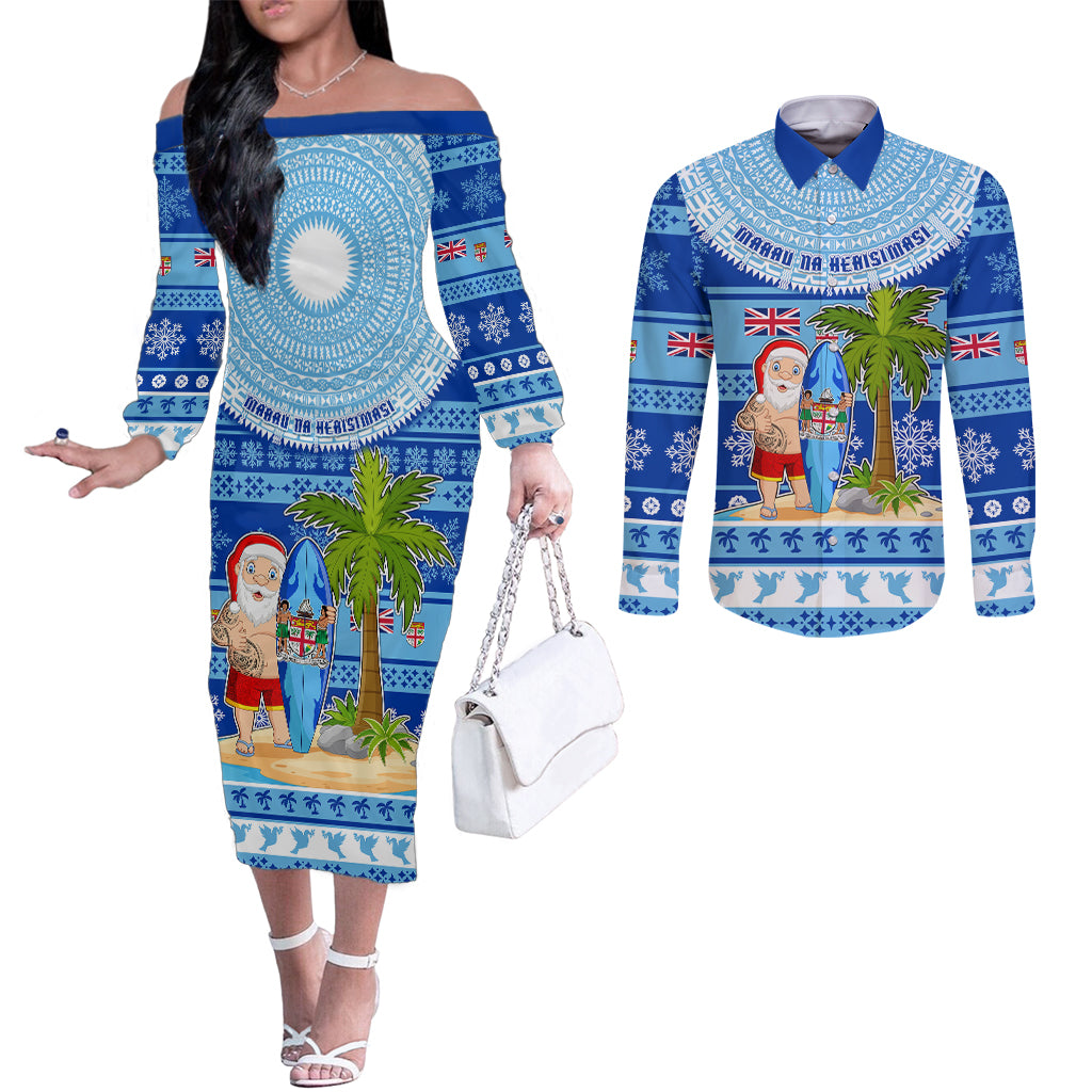Personalized Fiji Christmas Couples Matching Off The Shoulder Long Sleeve Dress and Long Sleeve Button Shirts Santa Claus Surf Marau Na Kerisimasi LT05 Blue - Polynesian Pride