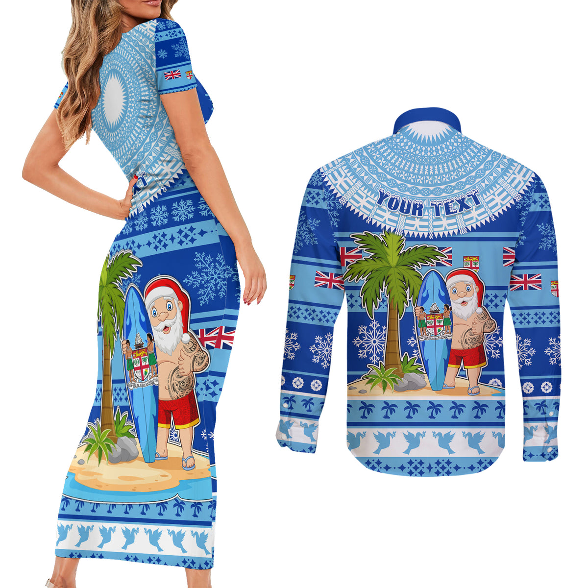 Personalized Fiji Christmas Couples Matching Short Sleeve Bodycon Dress and Long Sleeve Button Shirts Santa Claus Surf Marau Na Kerisimasi LT05 - Polynesian Pride