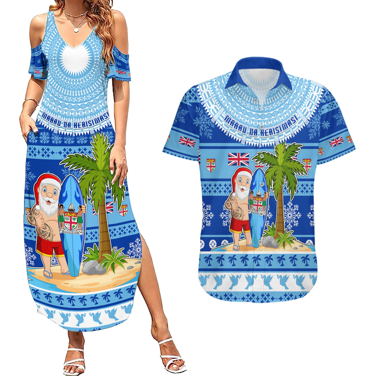 Personalized Fiji Christmas Couples Matching Summer Maxi Dress and Hawaiian Shirt Santa Claus Surf Marau Na Kerisimasi LT05 Blue - Polynesian Pride