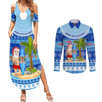 Personalized Fiji Christmas Couples Matching Summer Maxi Dress and Long Sleeve Button Shirts Santa Claus Surf Marau Na Kerisimasi LT05 Blue - Polynesian Pride