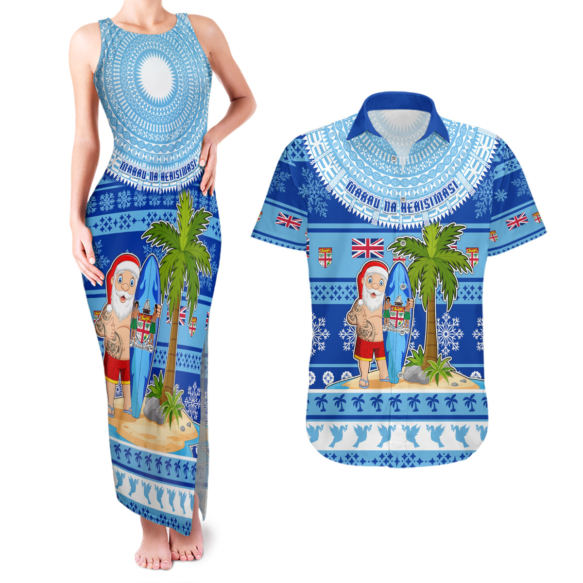 Personalized Fiji Christmas Couples Matching Tank Maxi Dress and Hawaiian Shirt Santa Claus Surf Marau Na Kerisimasi LT05 Blue - Polynesian Pride