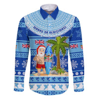 Personalized Fiji Christmas Family Matching Long Sleeve Bodycon Dress and Hawaiian Shirt Santa Claus Surf Marau Na Kerisimasi LT05 Dad's Shirt - Long Sleeve Blue - Polynesian Pride