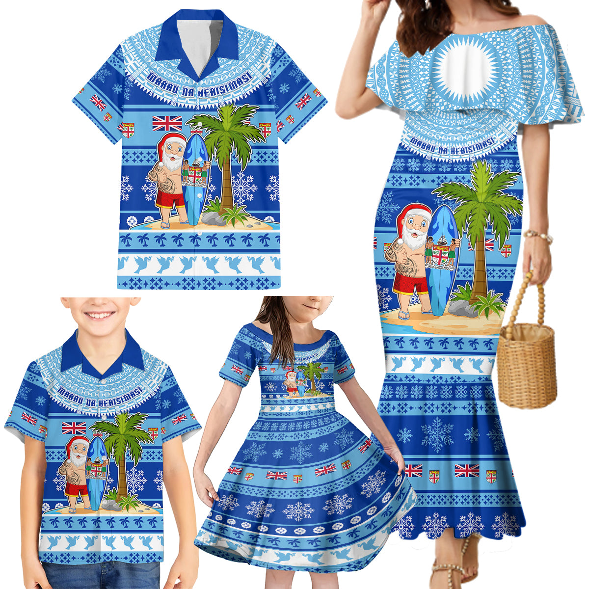 Personalized Fiji Christmas Family Matching Mermaid Dress and Hawaiian Shirt Santa Claus Surf Marau Na Kerisimasi LT05 - Polynesian Pride