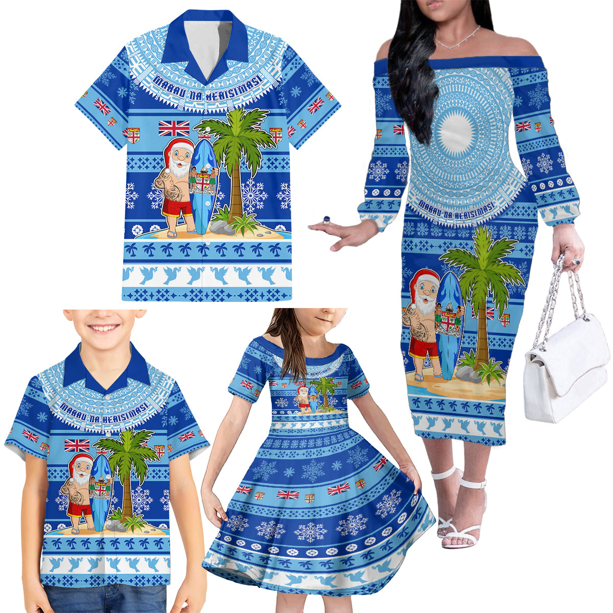 Personalized Fiji Christmas Family Matching Off Shoulder Long Sleeve Dress and Hawaiian Shirt Santa Claus Surf Marau Na Kerisimasi LT05 - Polynesian Pride