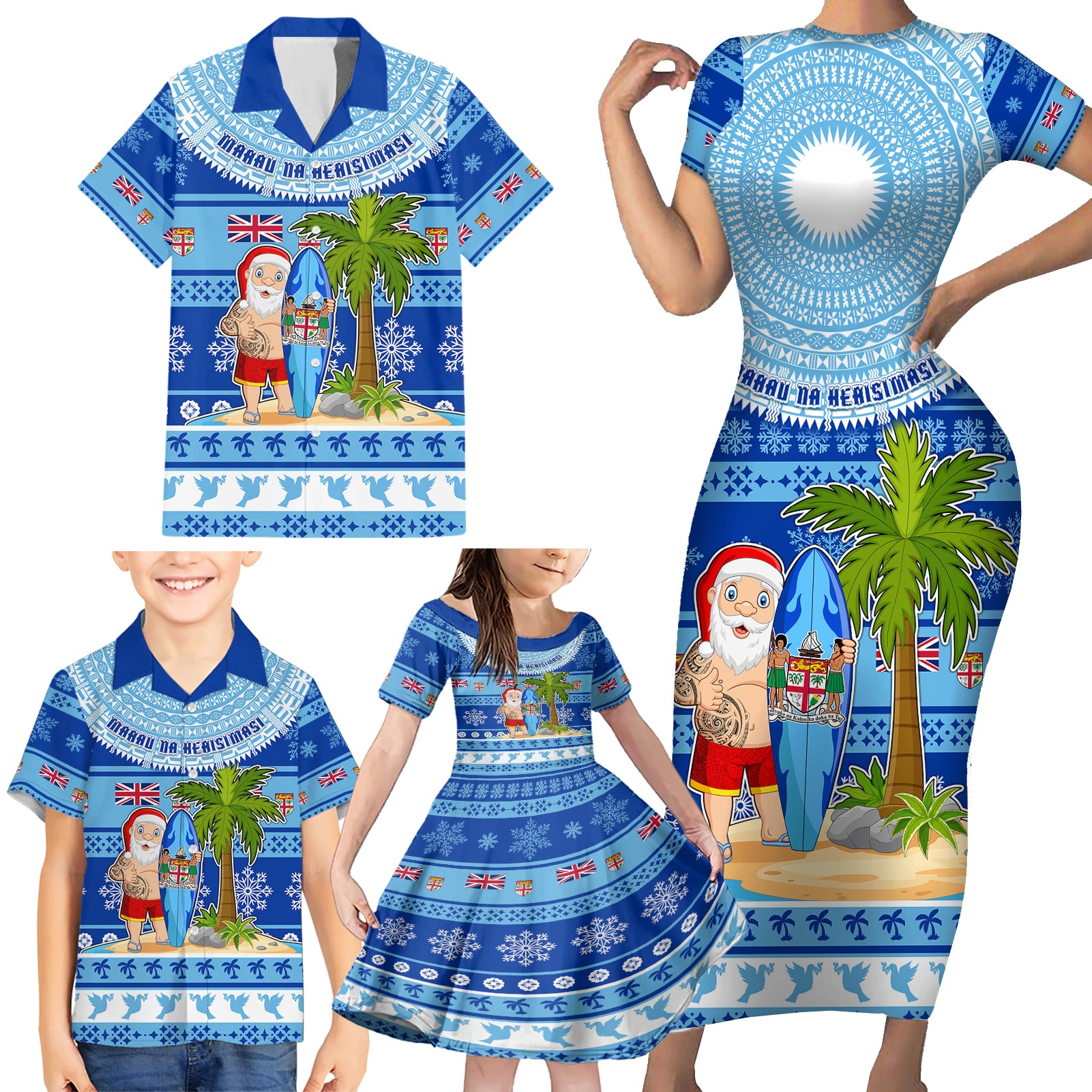 Personalized Fiji Christmas Family Matching Short Sleeve Bodycon Dress and Hawaiian Shirt Santa Claus Surf Marau Na Kerisimasi LT05 - Polynesian Pride