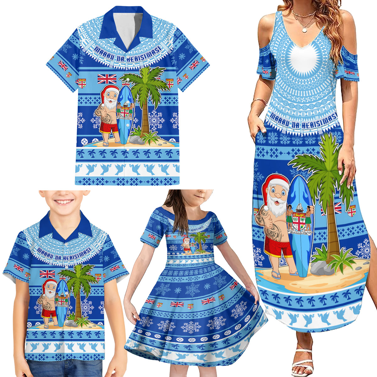 Personalized Fiji Christmas Family Matching Summer Maxi Dress and Hawaiian Shirt Santa Claus Surf Marau Na Kerisimasi LT05 - Polynesian Pride