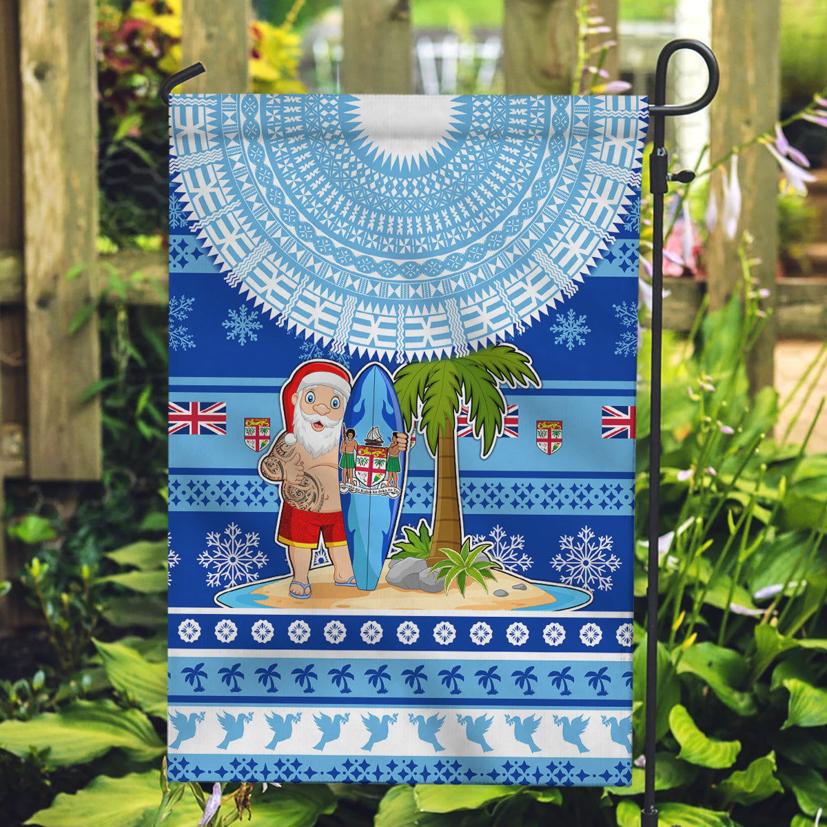 Fiji Christmas Garden Flag Santa Claus Surf Marau Na Kerisimasi LT05 Garden Flag Blue - Polynesian Pride