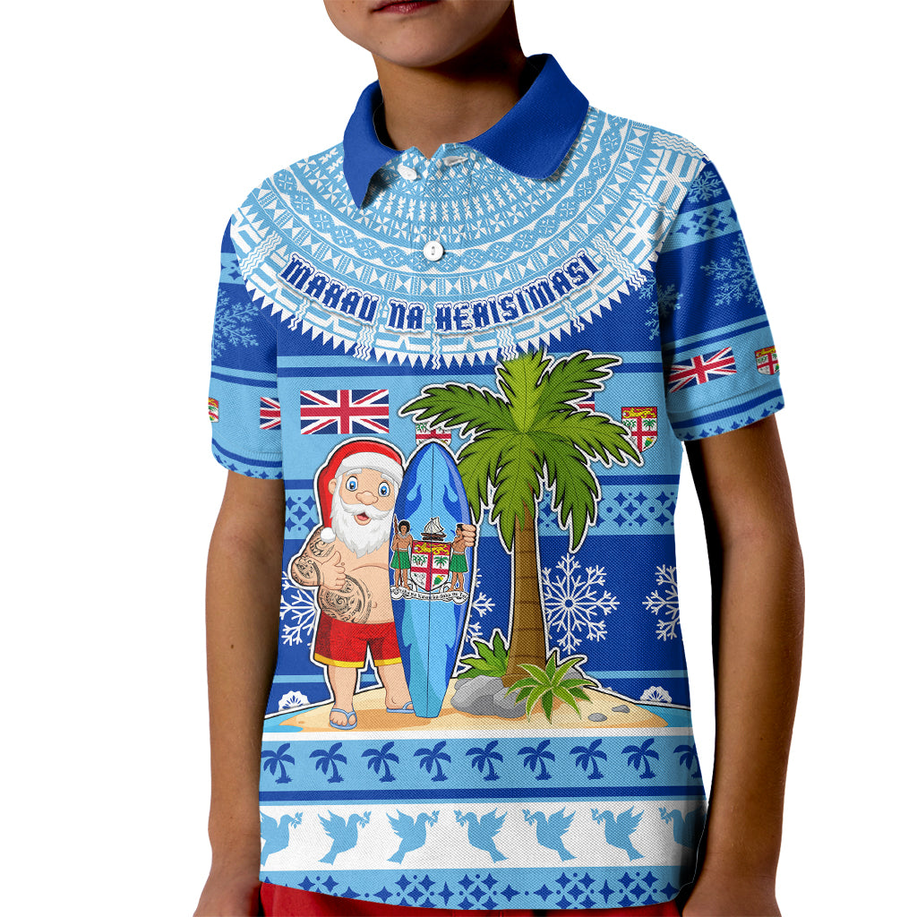Personalized Fiji Christmas Kid Polo Shirt Santa Claus Surf Marau Na Kerisimasi LT05 Kid Blue - Polynesian Pride