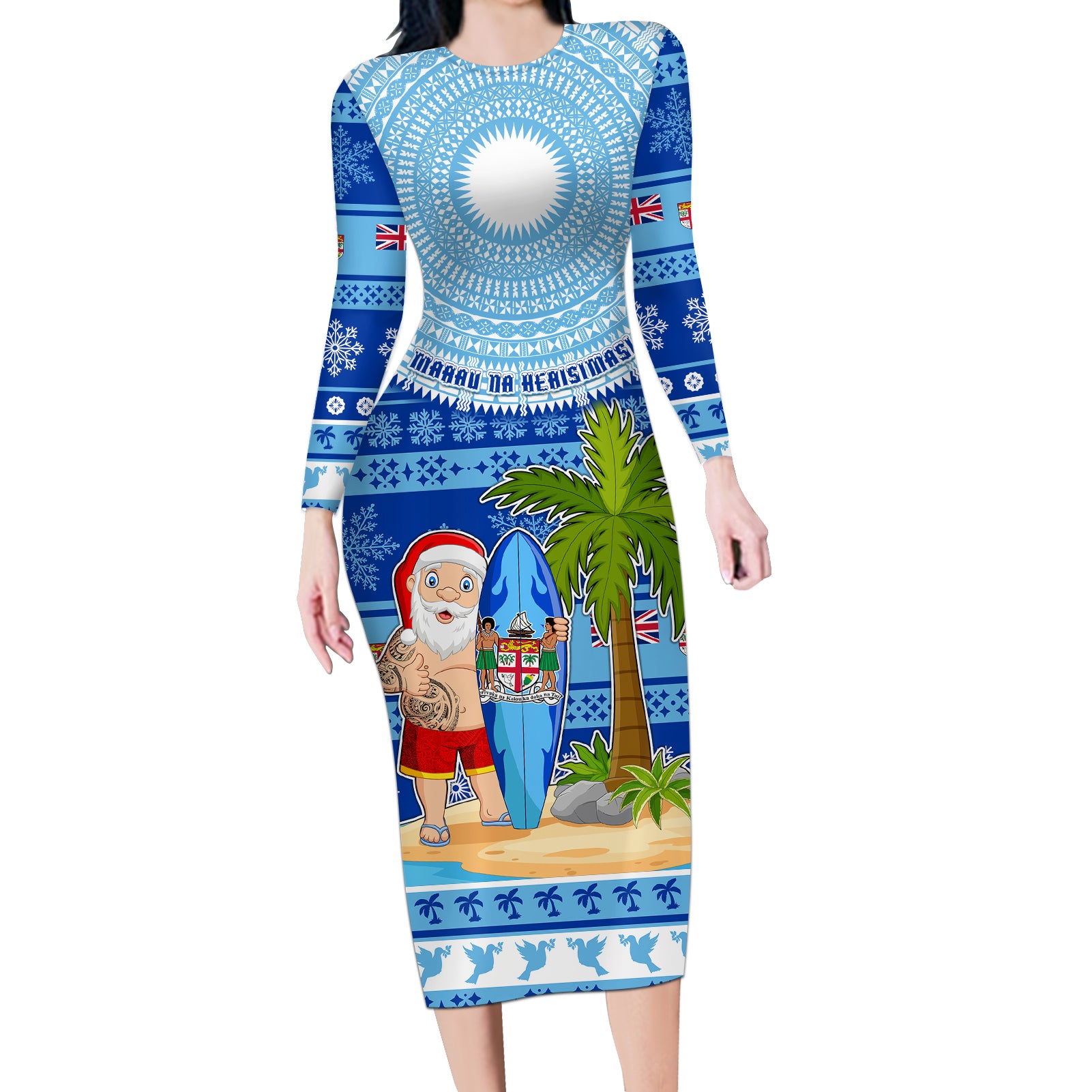 Personalized Fiji Christmas Long Sleeve Bodycon Dress Santa Claus Surf Marau Na Kerisimasi LT05 Long Dress Blue - Polynesian Pride