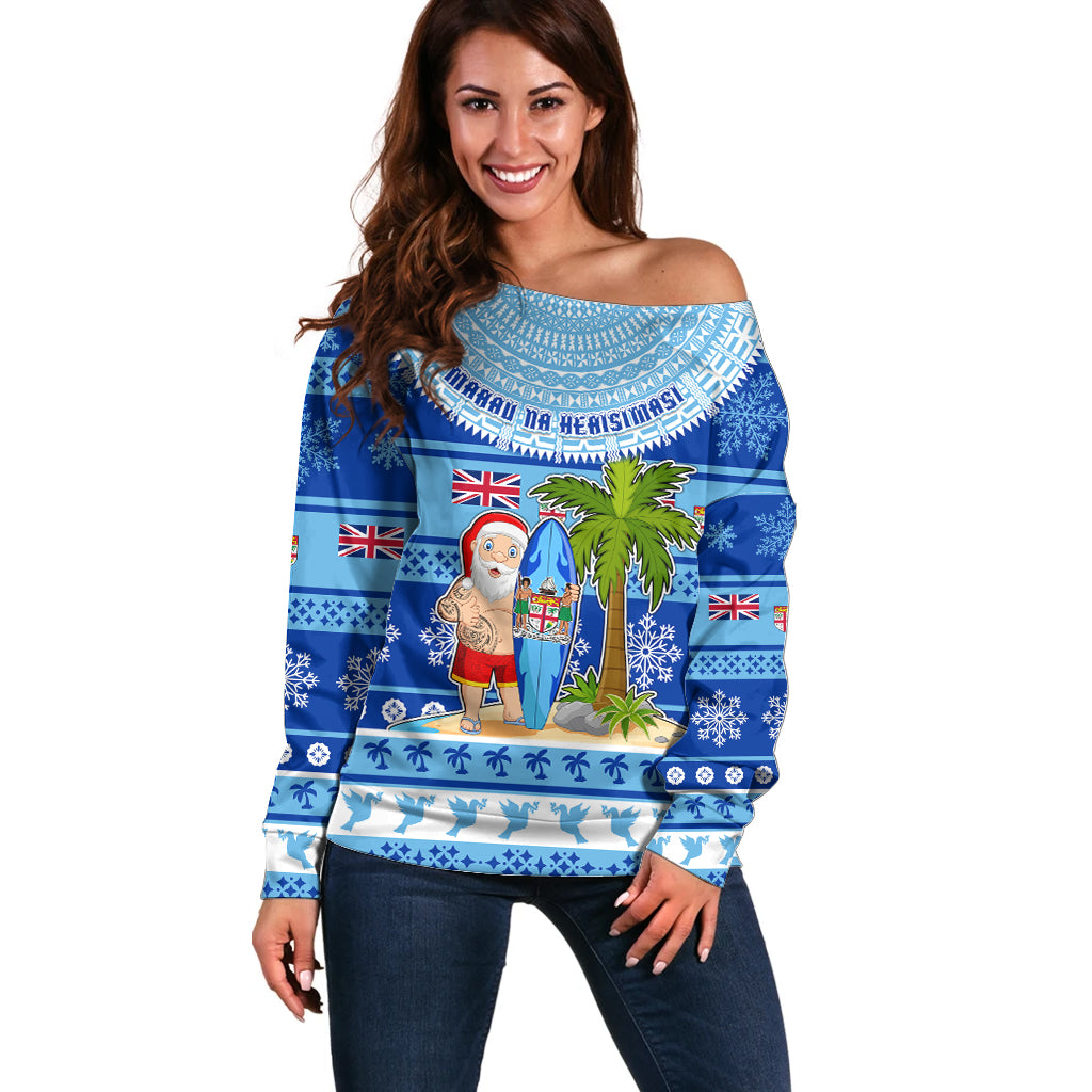 Personalized Fiji Christmas Off Shoulder Sweater Santa Claus Surf Marau Na Kerisimasi LT05 Women Blue - Polynesian Pride