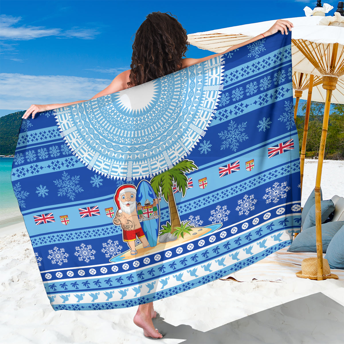 Fiji Christmas Sarong Santa Claus Surf Marau Na Kerisimasi LT05 One Size 44 x 66 inches Blue - Polynesian Pride