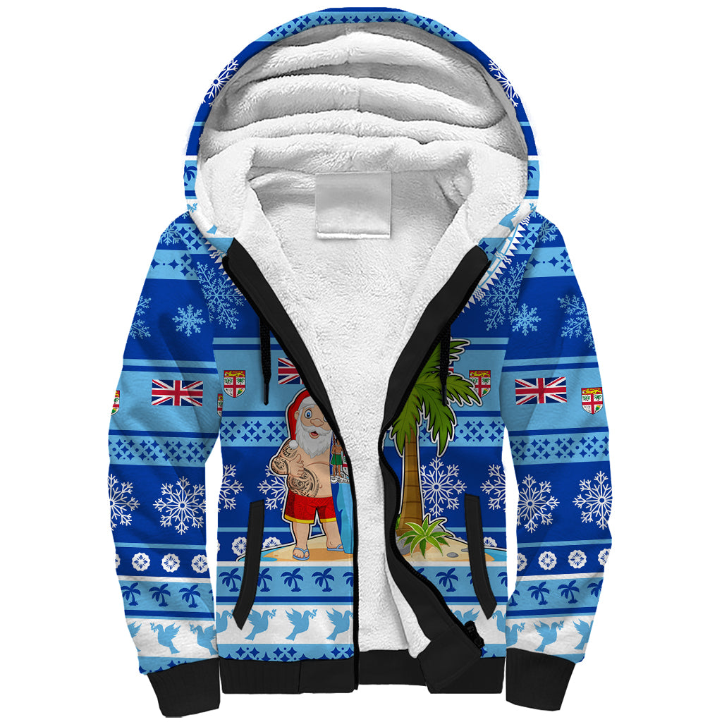 Personalized Fiji Christmas Sherpa Hoodie Santa Claus Surf Marau Na Kerisimasi LT05 Unisex Blue - Polynesian Pride