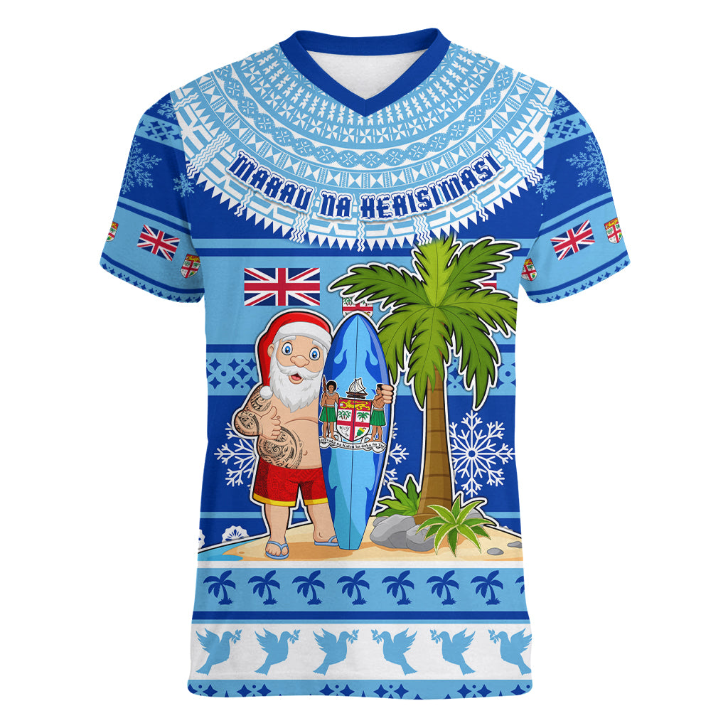 Personalized Fiji Christmas Women V Neck T Shirt Santa Claus Surf Marau Na Kerisimasi LT05 Female Blue - Polynesian Pride