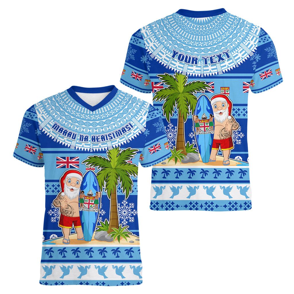 Personalized Fiji Christmas Women V Neck T Shirt Santa Claus Surf Marau Na Kerisimasi LT05 - Polynesian Pride