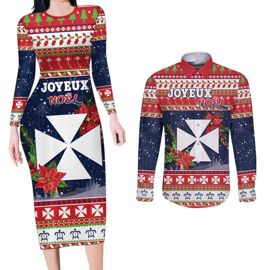 Wallis and Futuna Christmas Couples Matching Long Sleeve Bodycon Dress and Long Sleeve Button Shirt Poinsettia Joyeux Noel