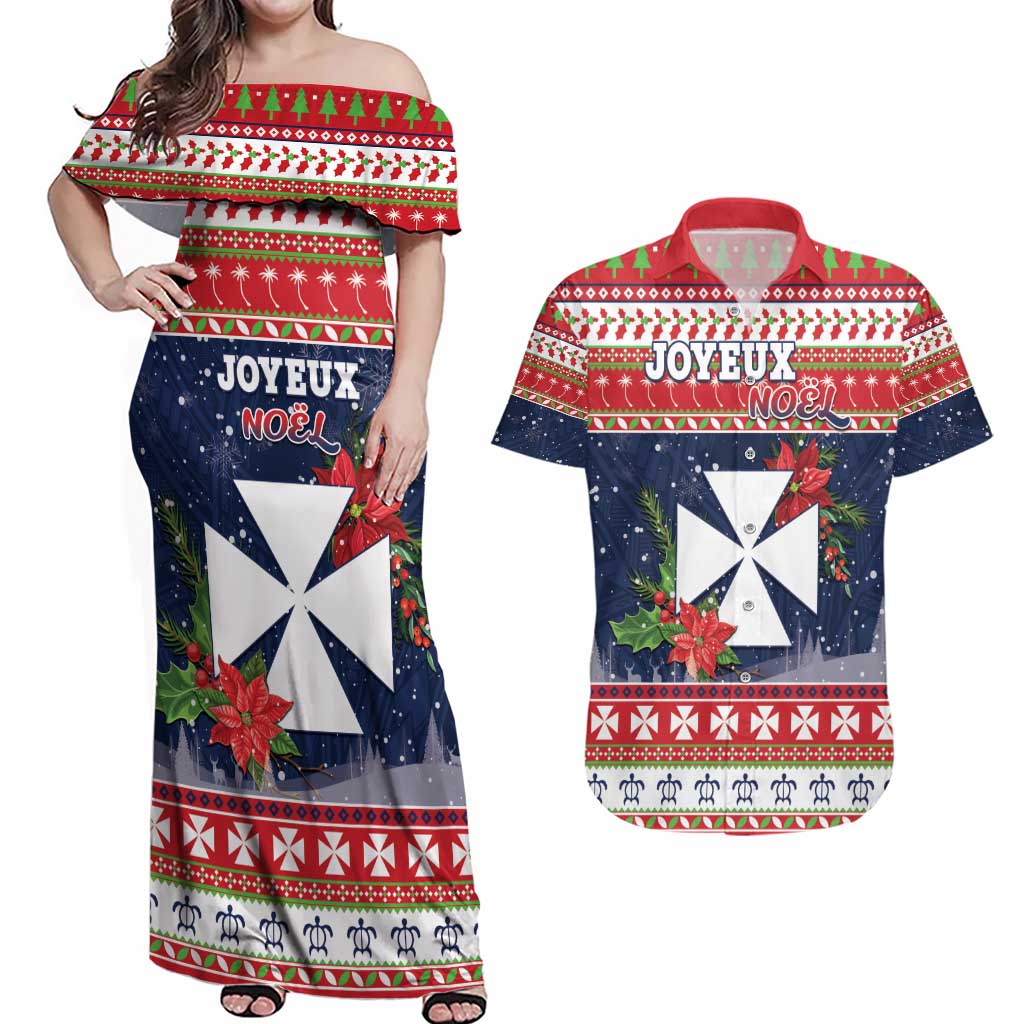 Wallis and Futuna Christmas Couples Matching Off Shoulder Maxi Dress and Hawaiian Shirt Poinsettia Joyeux Noel