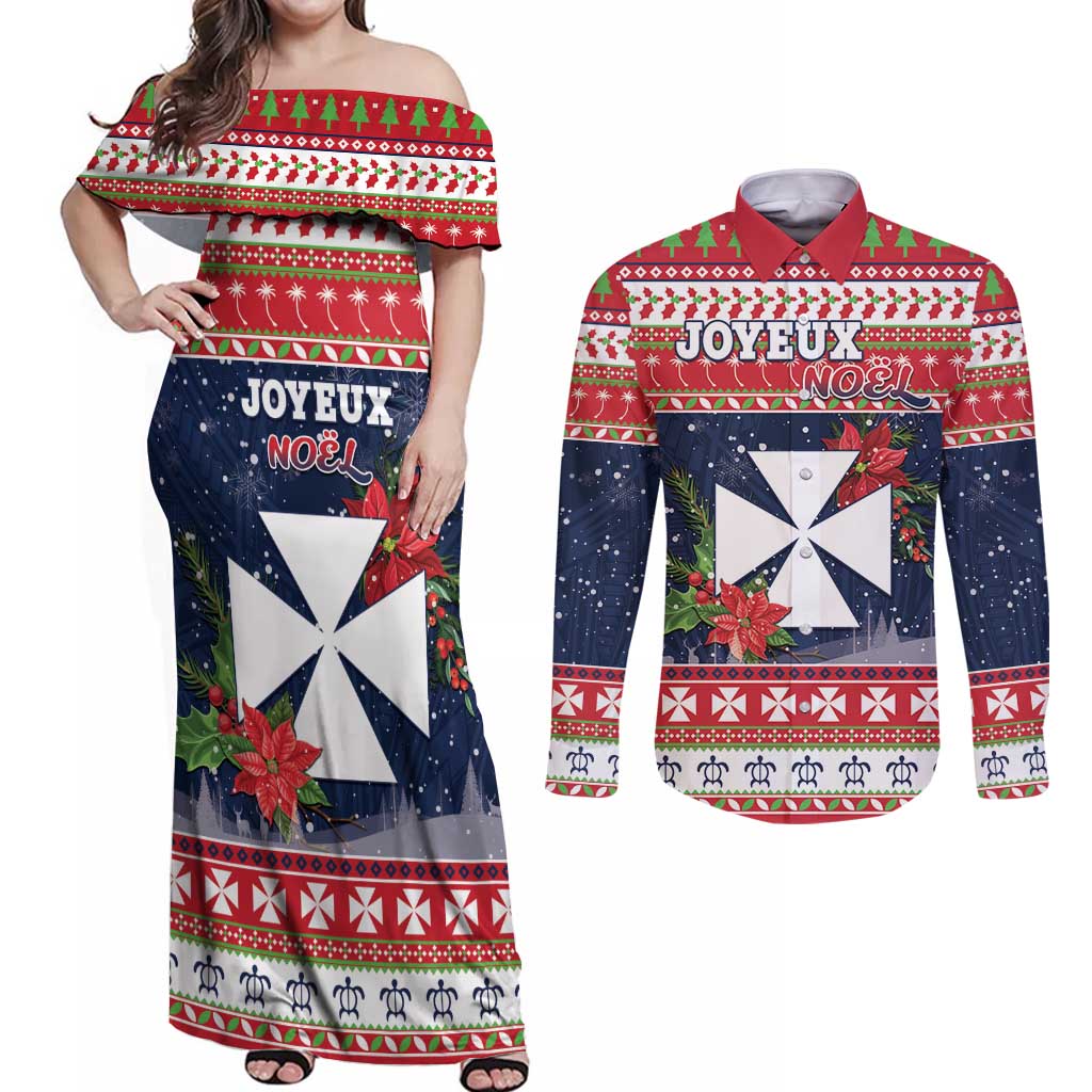 Wallis and Futuna Christmas Couples Matching Off Shoulder Maxi Dress and Long Sleeve Button Shirt Poinsettia Joyeux Noel