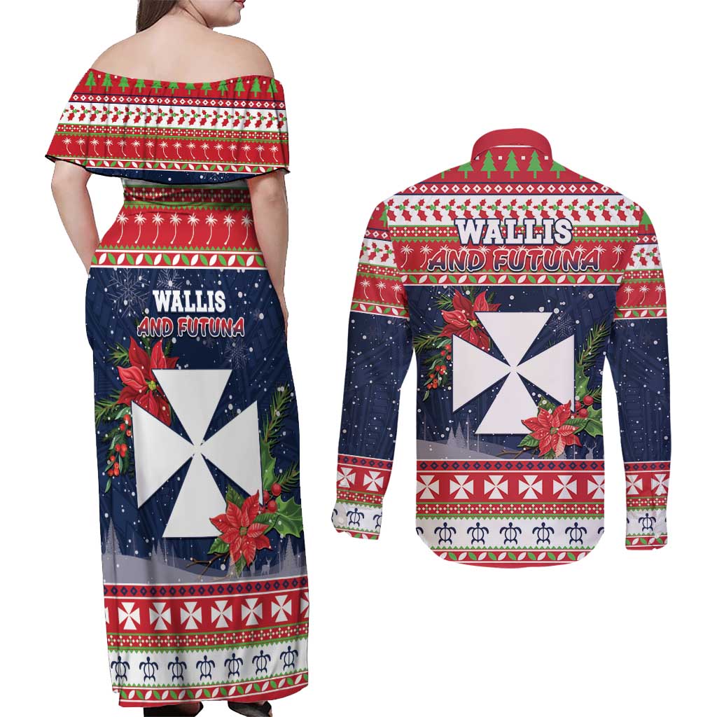 Wallis and Futuna Christmas Couples Matching Off Shoulder Maxi Dress and Long Sleeve Button Shirt Poinsettia Joyeux Noel