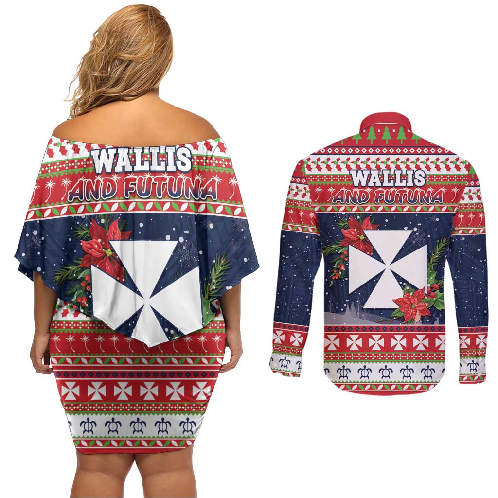 Wallis and Futuna Christmas Couples Matching Off Shoulder Short Dress and Long Sleeve Button Shirt Poinsettia Joyeux Noel