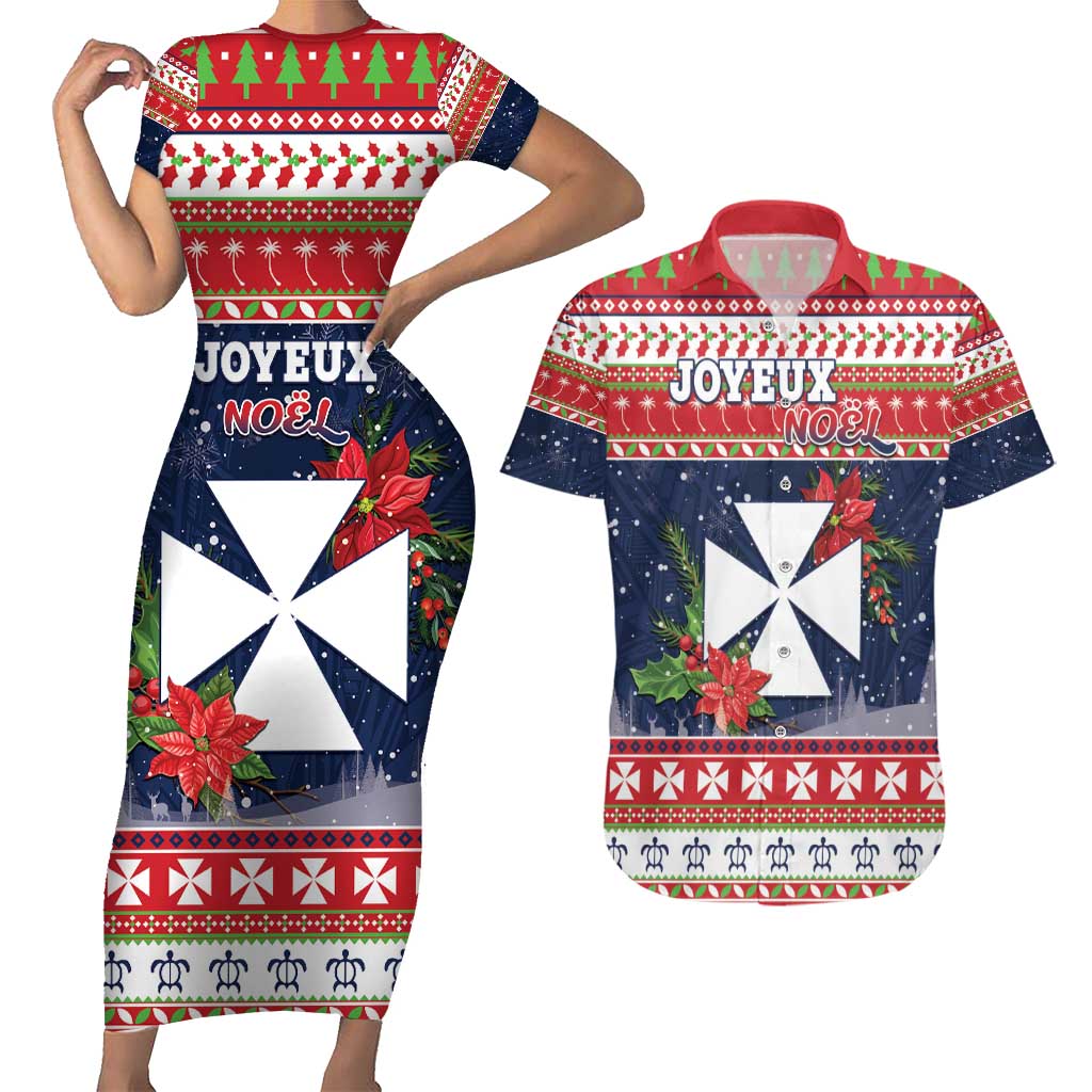 Wallis and Futuna Christmas Couples Matching Short Sleeve Bodycon Dress and Hawaiian Shirt Poinsettia Joyeux Noel