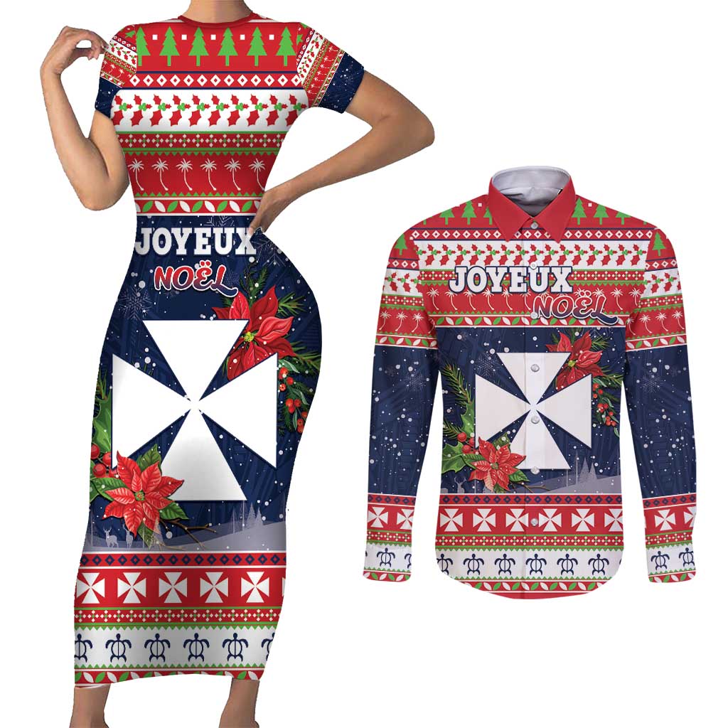 Wallis and Futuna Christmas Couples Matching Short Sleeve Bodycon Dress and Long Sleeve Button Shirt Poinsettia Joyeux Noel