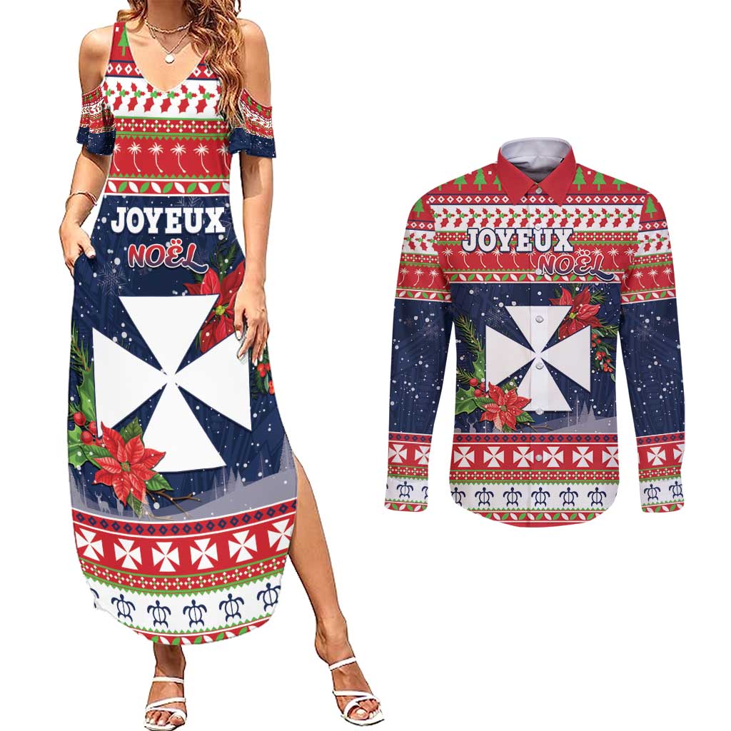 Wallis and Futuna Christmas Couples Matching Summer Maxi Dress and Long Sleeve Button Shirt Poinsettia Joyeux Noel