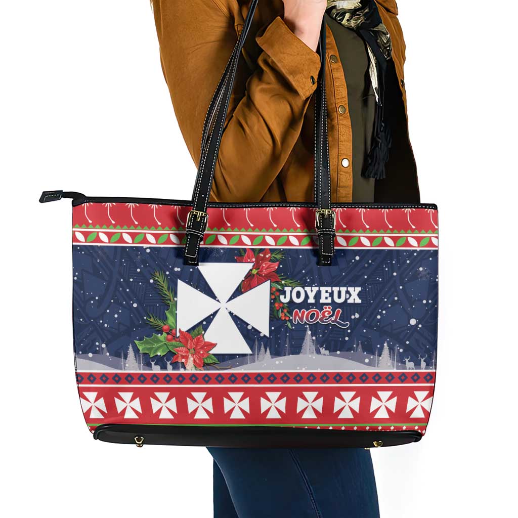 Wallis and Futuna Christmas Leather Tote Bag Poinsettia Joyeux Noel