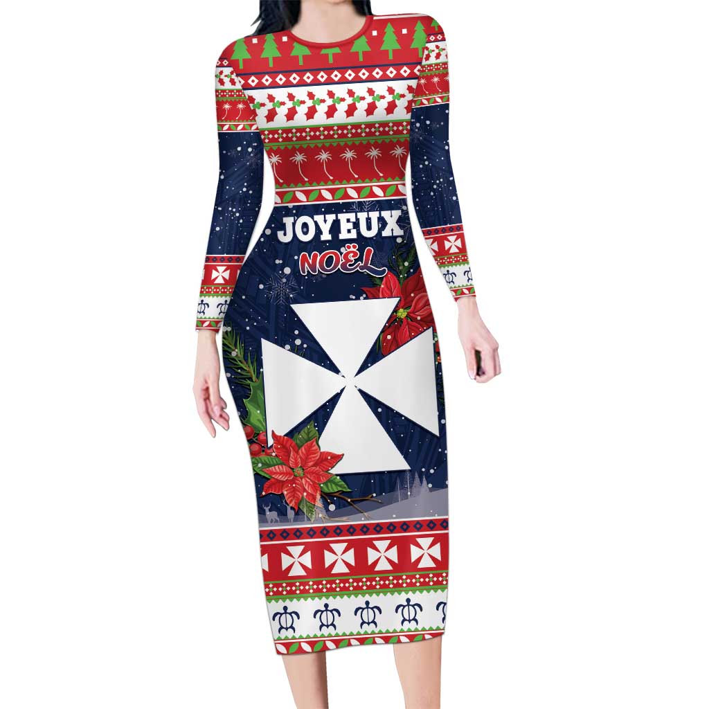 Wallis and Futuna Christmas Long Sleeve Bodycon Dress Poinsettia Joyeux Noel