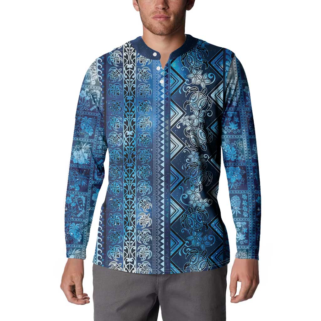 Hawaii Makahiki Turtle Button Sweatshirt Galaxy Tapa Pattern - Polynesian Pride