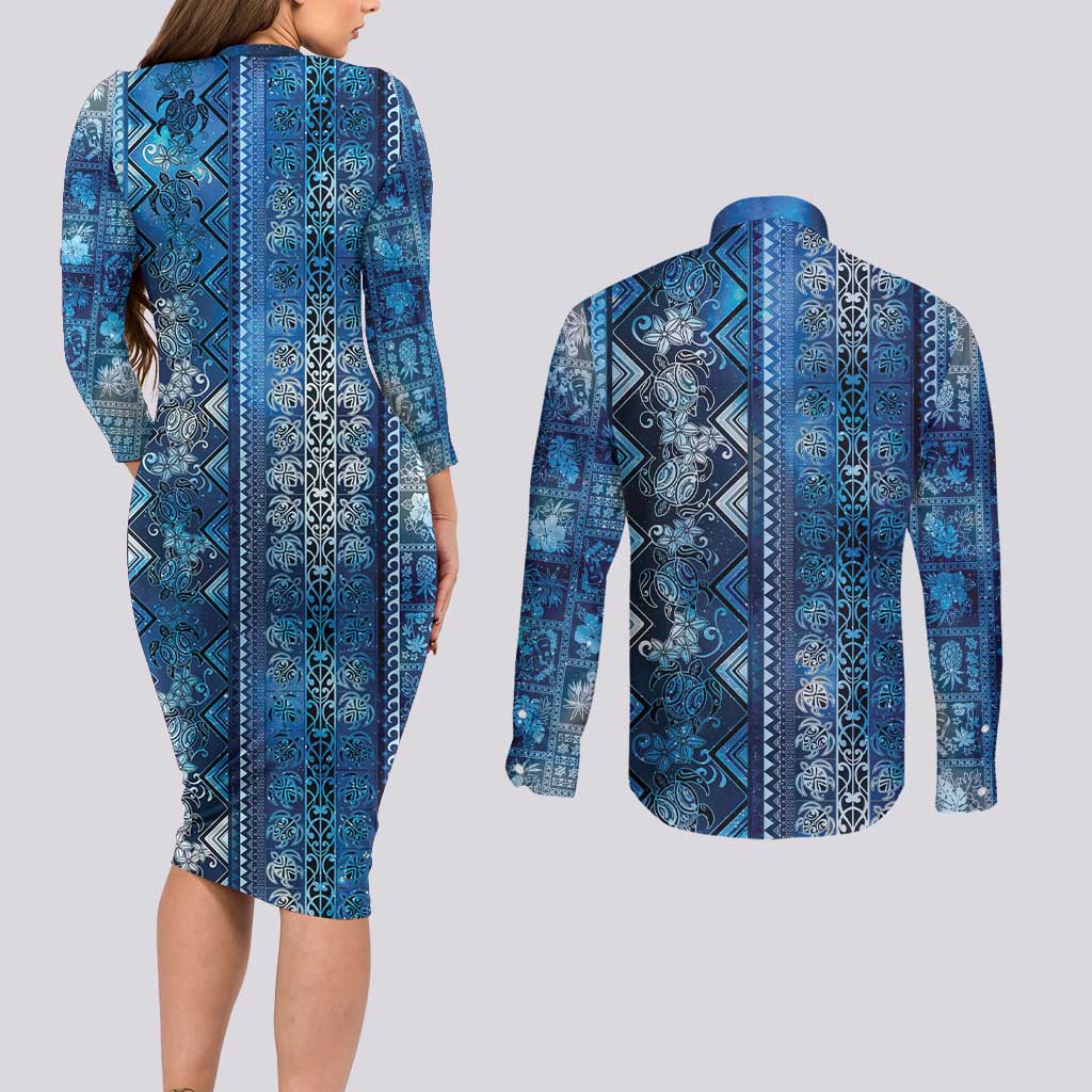 Hawaii Makahiki Turtle Couples Matching Long Sleeve Bodycon Dress and Long Sleeve Button Shirt Galaxy Tapa Pattern - Polynesian Pride