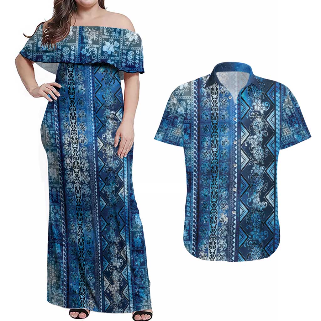 Hawaii Makahiki Turtle Couples Matching Off Shoulder Maxi Dress and Hawaiian Shirt Galaxy Tapa Pattern - Polynesian Pride