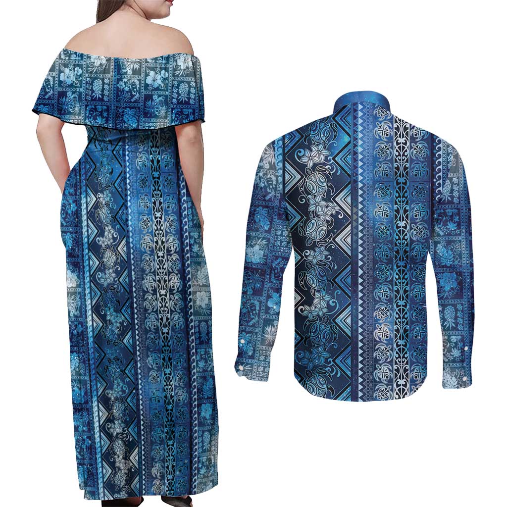 Hawaii Makahiki Turtle Couples Matching Off Shoulder Maxi Dress and Long Sleeve Button Shirt Galaxy Tapa Pattern - Polynesian Pride