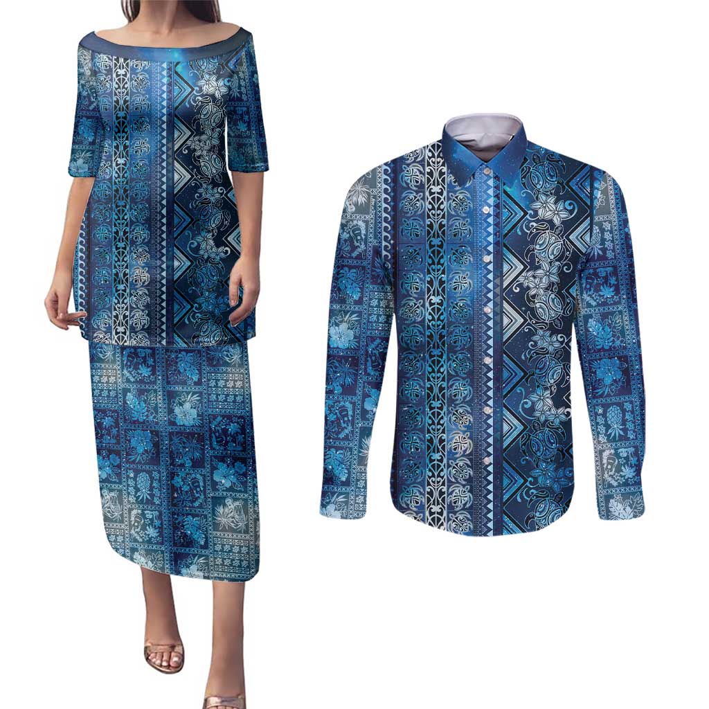 Hawaii Makahiki Turtle Couples Matching Puletasi and Long Sleeve Button Shirt Galaxy Tapa Pattern - Polynesian Pride