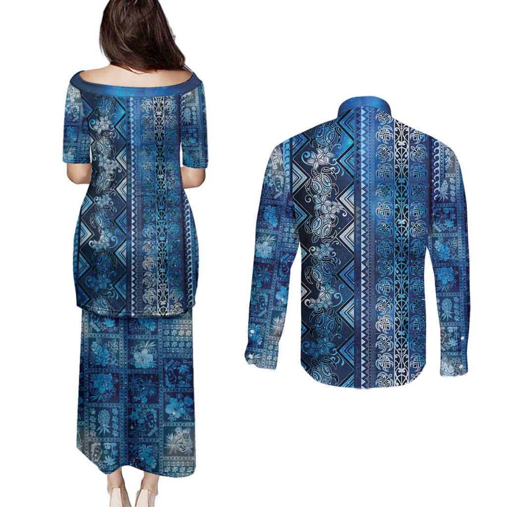 Hawaii Makahiki Turtle Couples Matching Puletasi and Long Sleeve Button Shirt Galaxy Tapa Pattern LT05 - Polynesian Pride